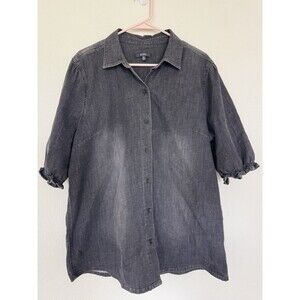 NYDJ Smocked Sleeve Denim Shirt Smoky Mountain Puff Sleeve Distressed Cottage XL